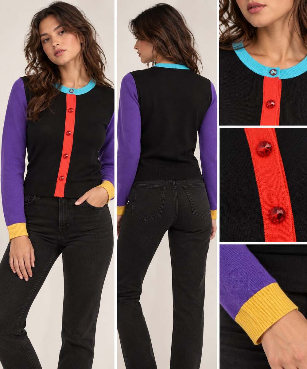 Alice + Olivia Colorblock Cardigan S Wool Rhinestone Button Sweater $295